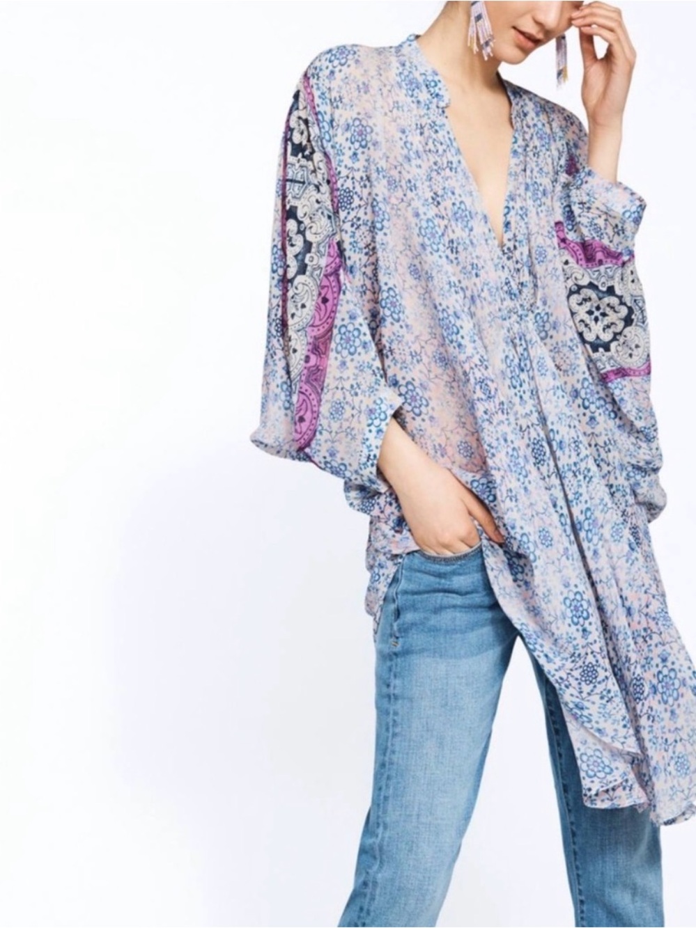 Anthropologie Blue Floral Paisley Kimono with Purple Trim
